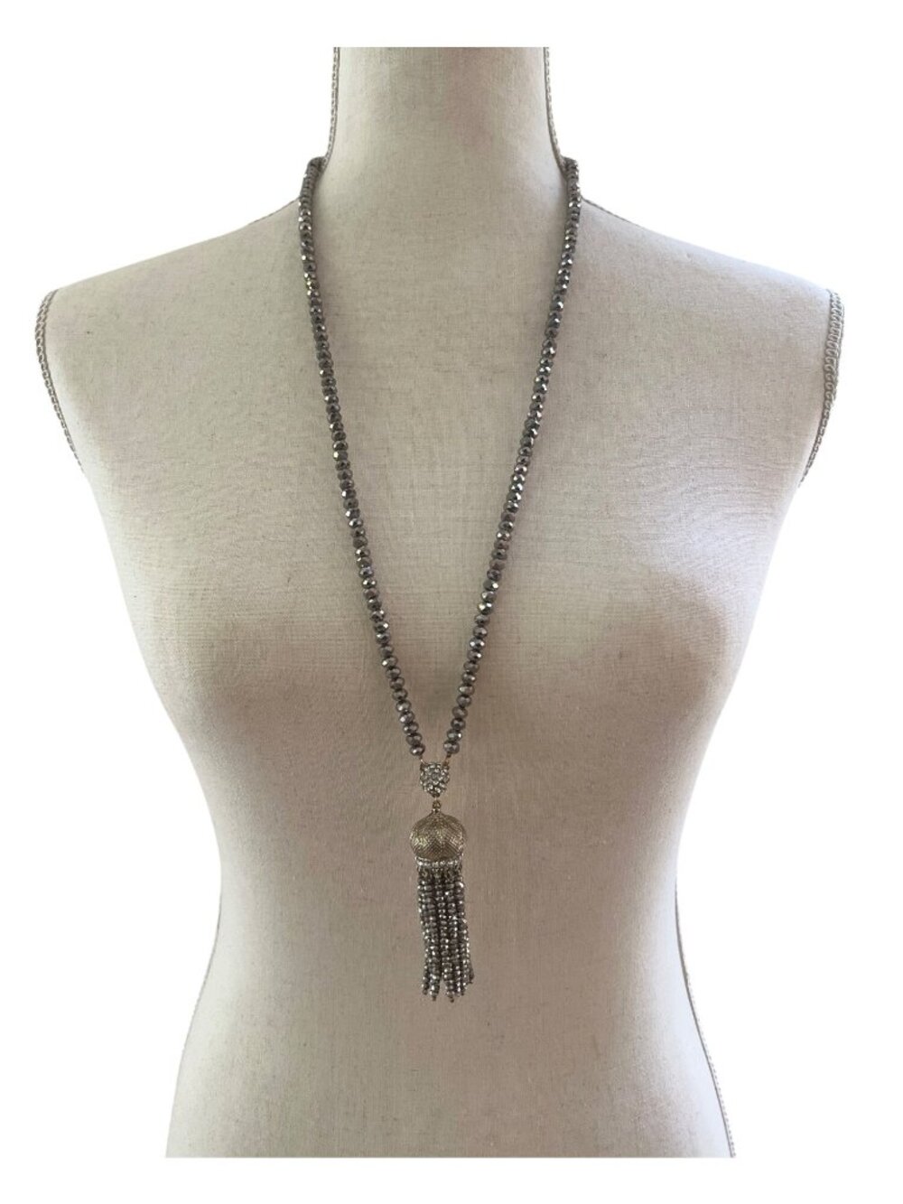 Gunmetal Gray Crystal Bead 30" Necklace with 3" Textured Cap Dome & Tassel Drop